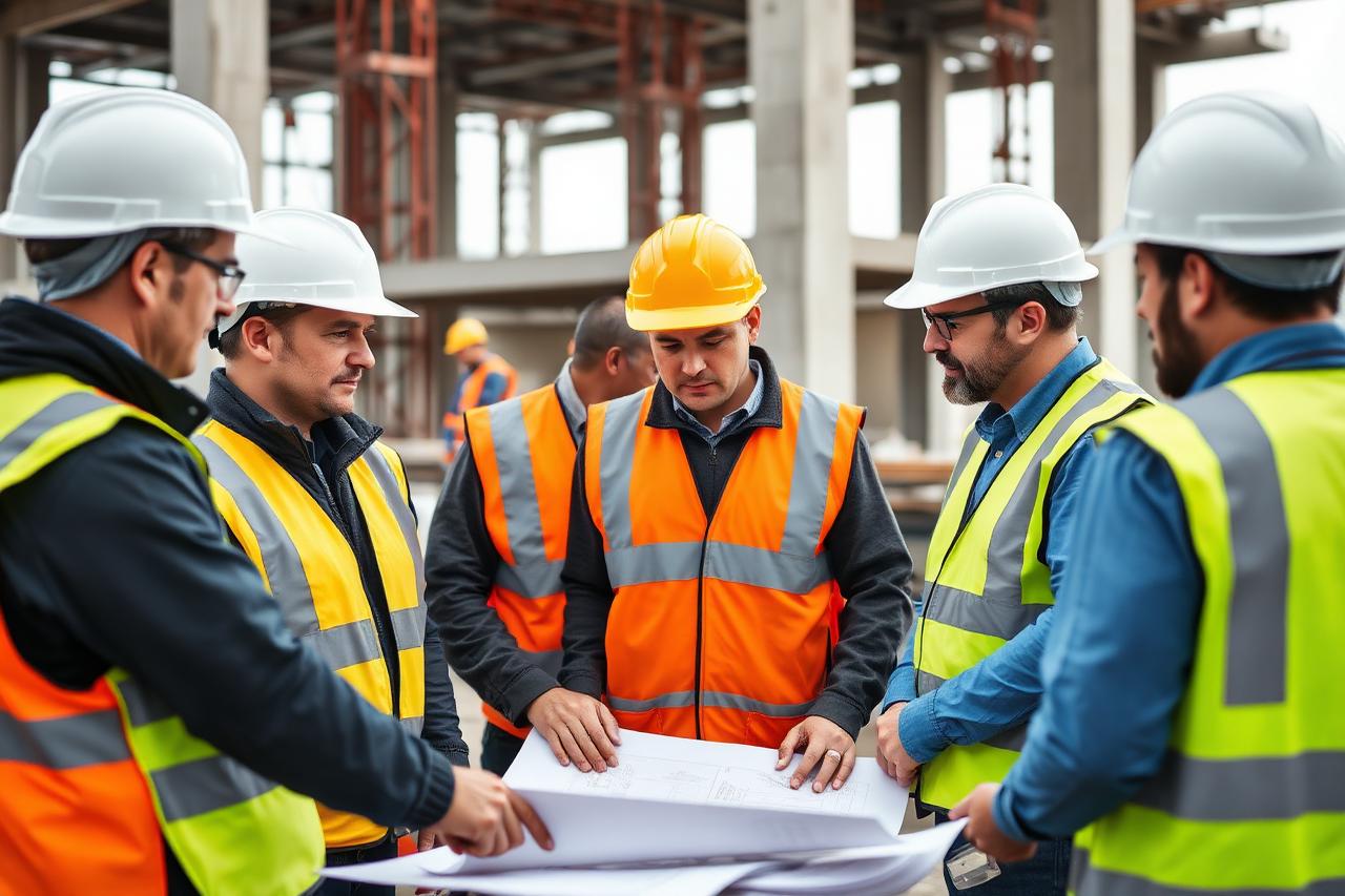 Equipe de engenharia da Fliter Construtora analisando projetos no canteiro de obras
